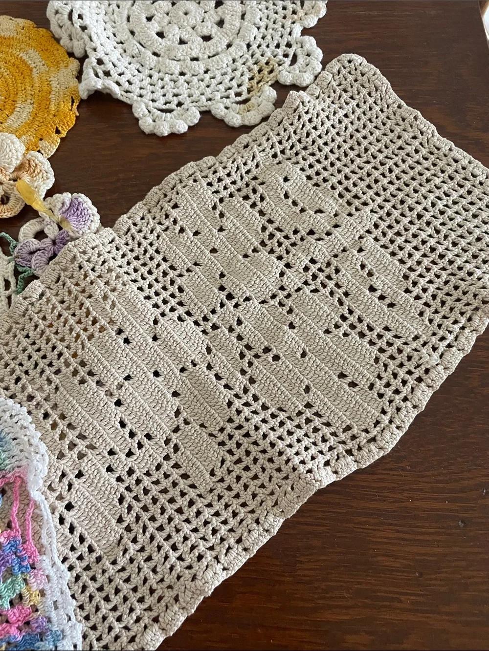 Handmade Crochet Doily & Table Accent Set in Cream, Yellow, Pastel Multicolor